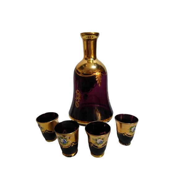 Vintage Bohemian amethyst Glass Decanter with 4 glasses, Hand painted Enamel Flo - Picture 1 of 12